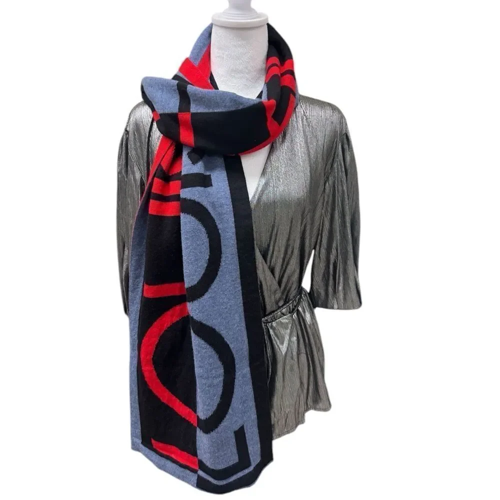Auth Louis Vuitton 100% Wool Red Blue Black Gray Horizon Scarf Stole Muffler